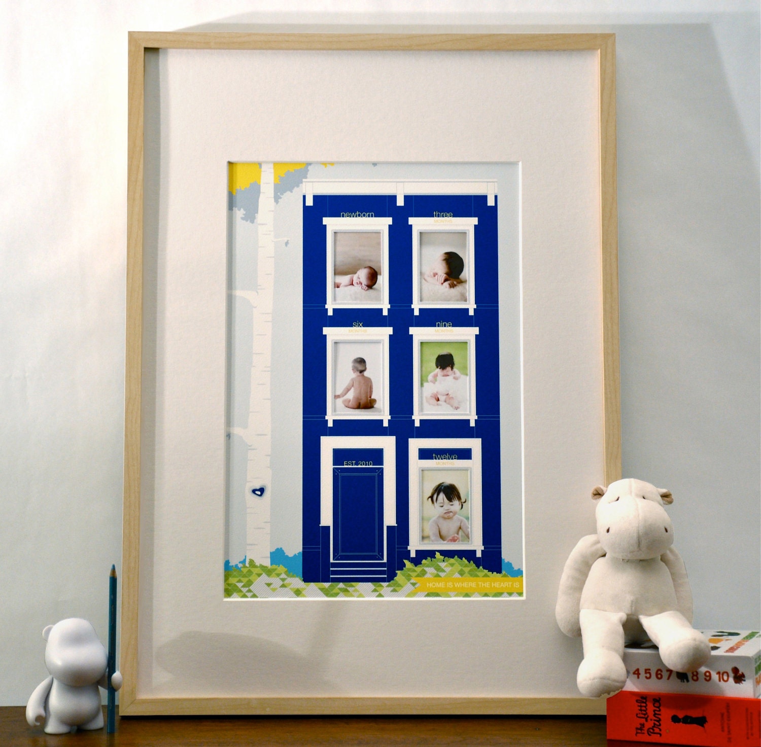 Little Brownstone Home is Where the Heart Is // Baby's First Year modern nursery art print & photo mat // blue yellow children decor