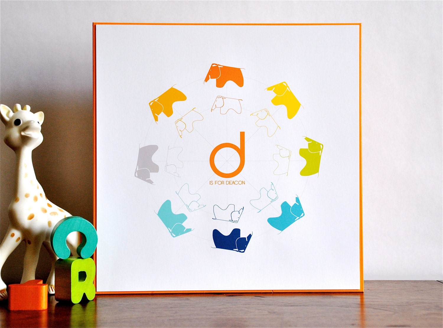 Eames Elephant Monogram Name Print 10x10 wood mounted mid century modern nursery wall art . orange teal children decor