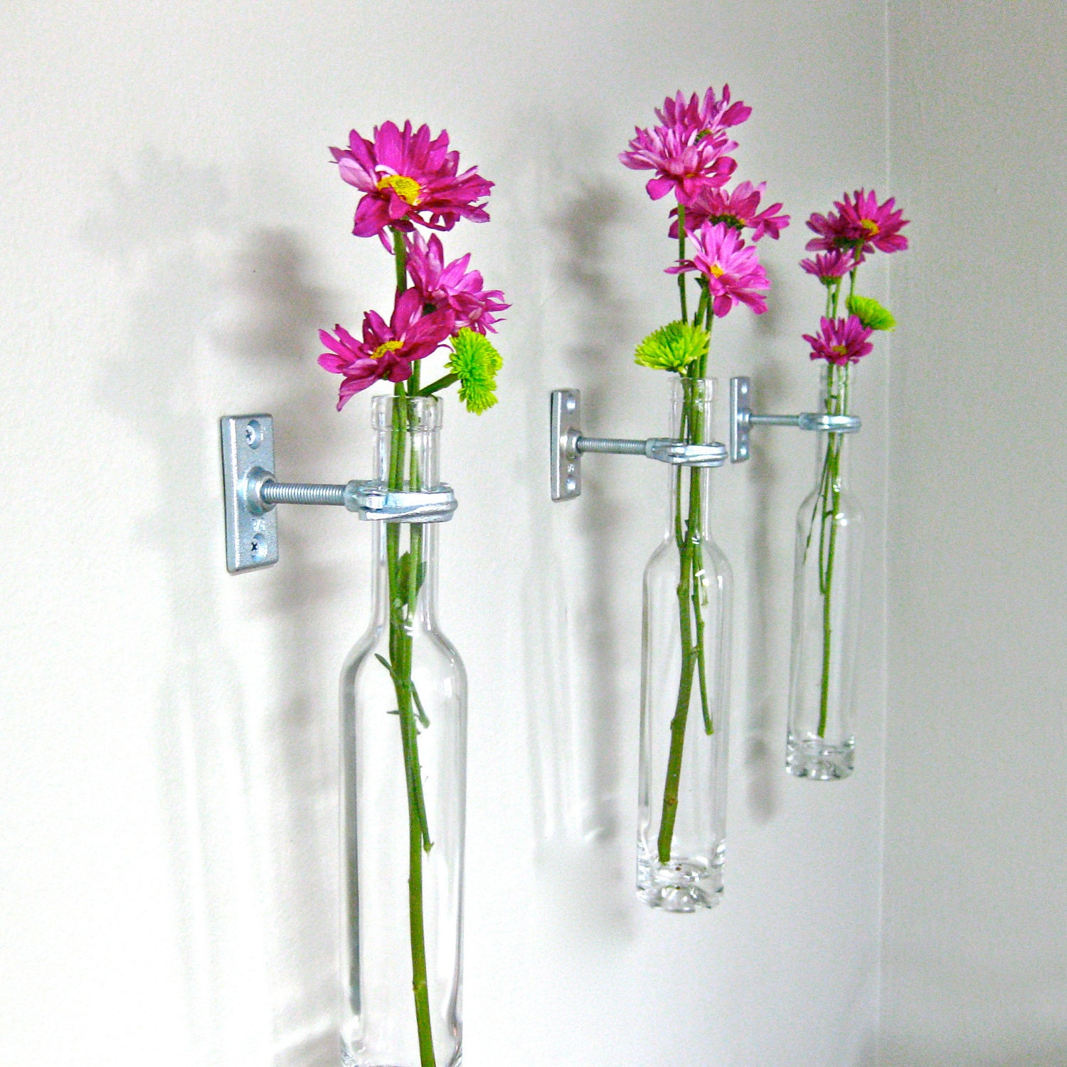 3 Wine Bottle Wall Flower Vases - Mother's Day Gift Idea - Wall Vase - Wall Decor  - Wine bottle Decor - Spring Decor - Spring flowers