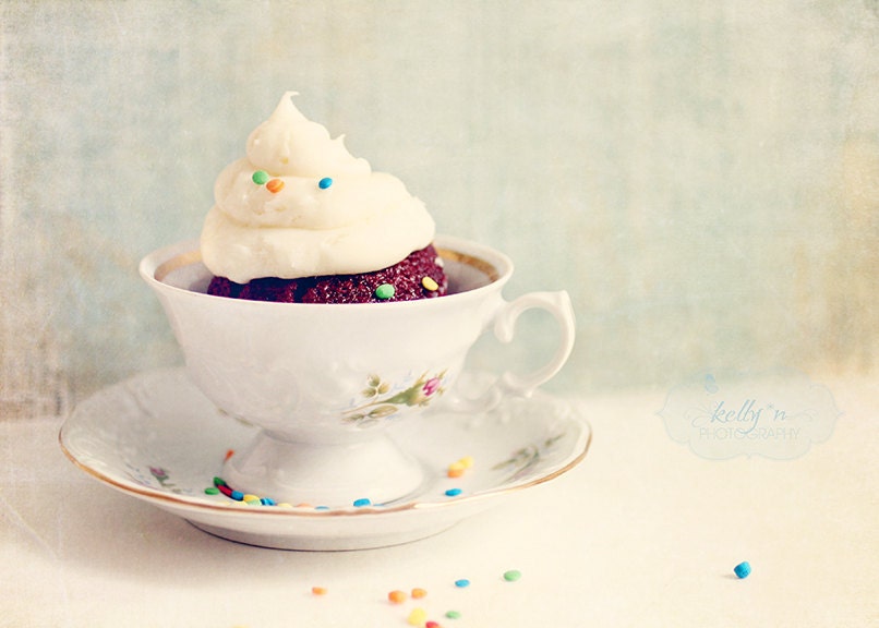 Cup of Cake- Red Velvet Cupcake- Vintage Teacup- Blues and Creams- Still Life- Sweets- Colorful Sprinkles- Dessert- 5x7 Fine Art Print