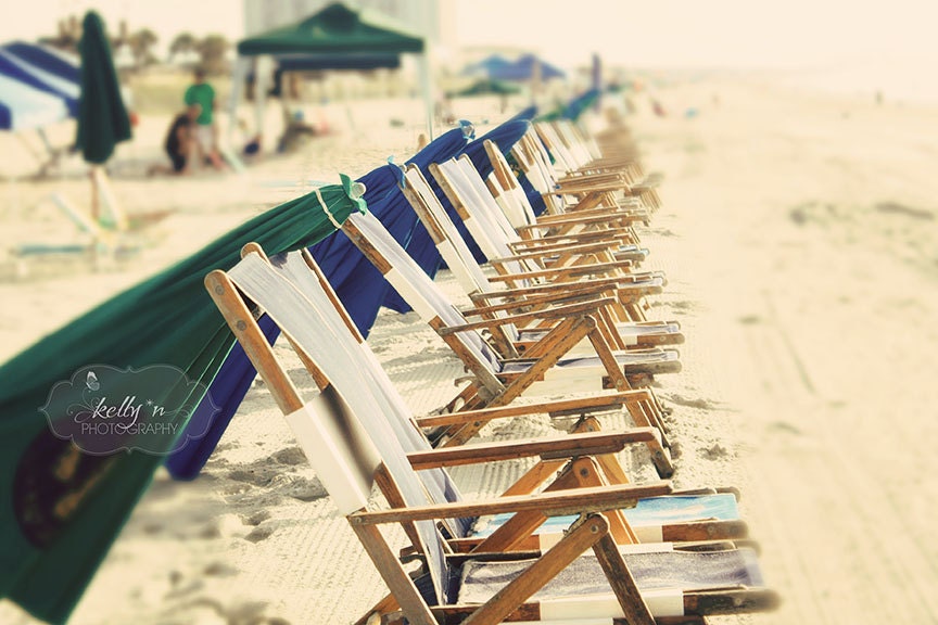 Beach Ready- Beach Chairs and Umbrellas Ready for the Day- Summer Sun- Vintage Tones- Beach Photography- 8x12 Fine Art Print - kellynphotography