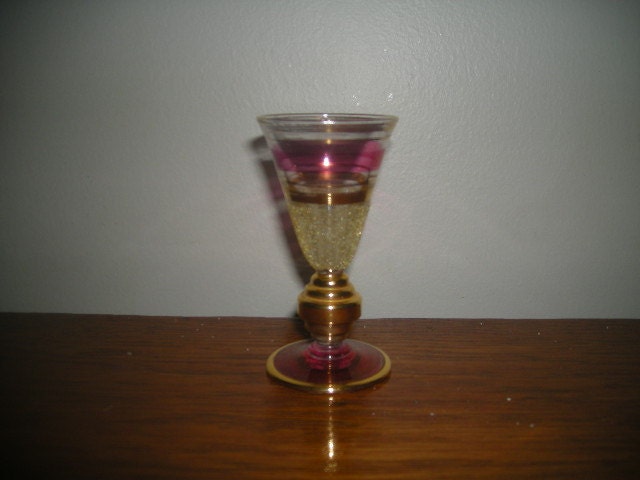 Set of 6 Vintage Cordial Glasses in Gold and Cranberry
