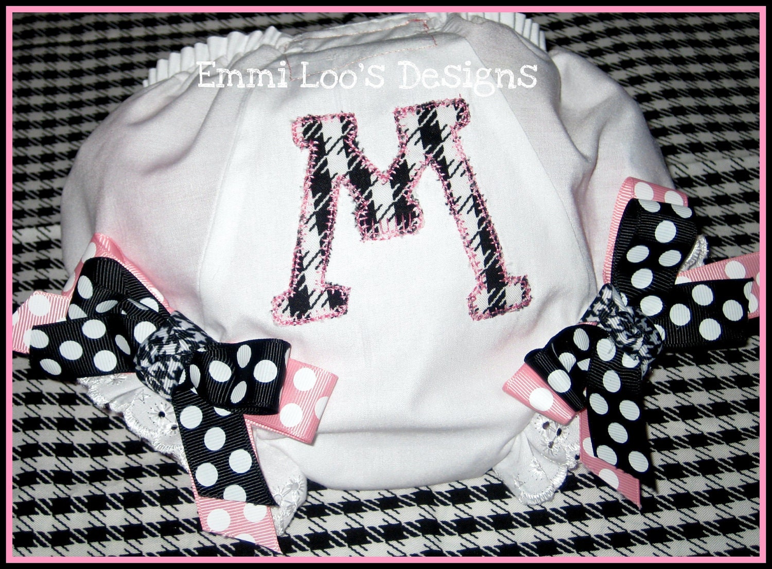 Houndstooth Initial Baby Bloomers with Baby Pink & Houndstooth Bows