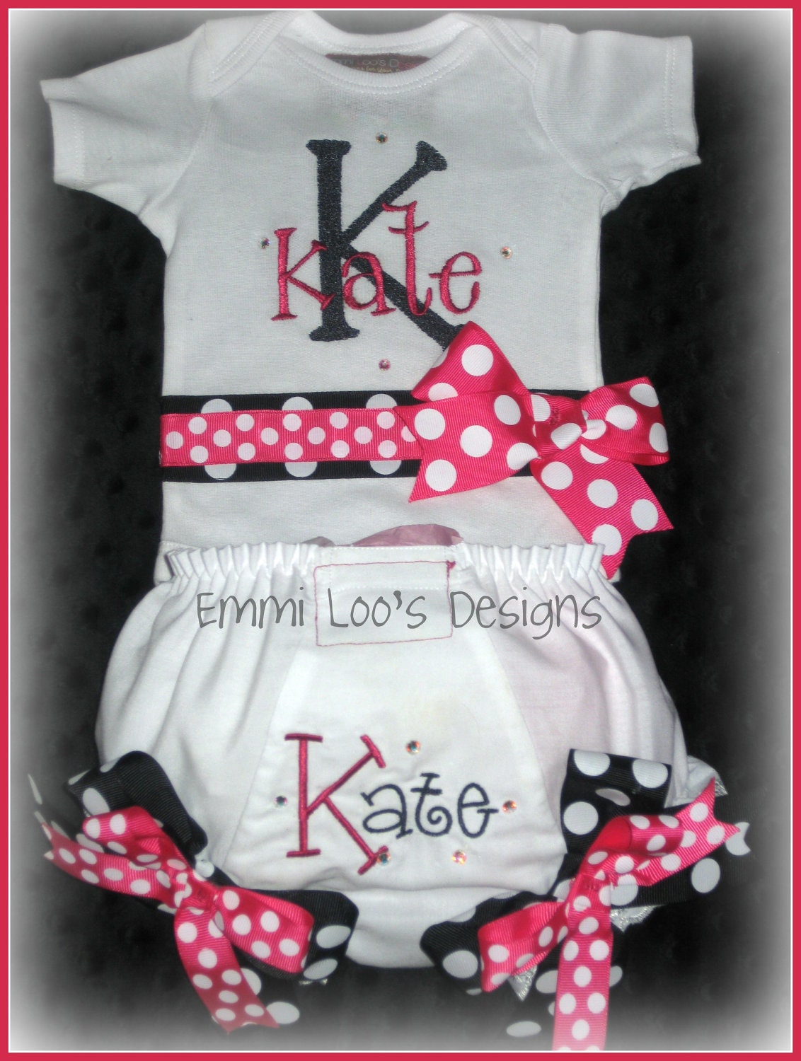 Perfect BABY SHOWER Gift - Personalized Bling Monogrammed Initial and Name Onesie in Hot Pink and Black