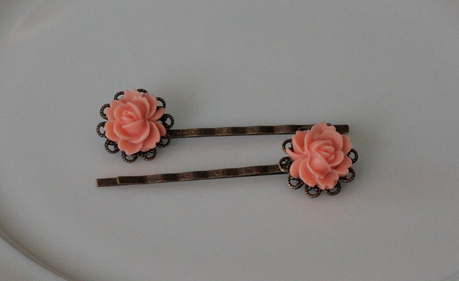 Soft Salmon Rose Filigree Bobbies -- Antique Gold