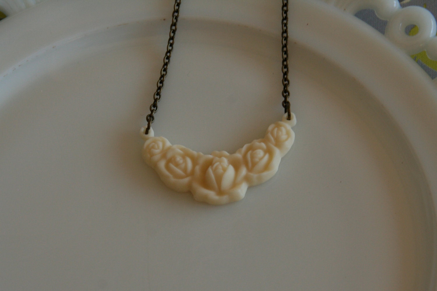 Vintage White Vintage Rose Necklace -- Antique Gold