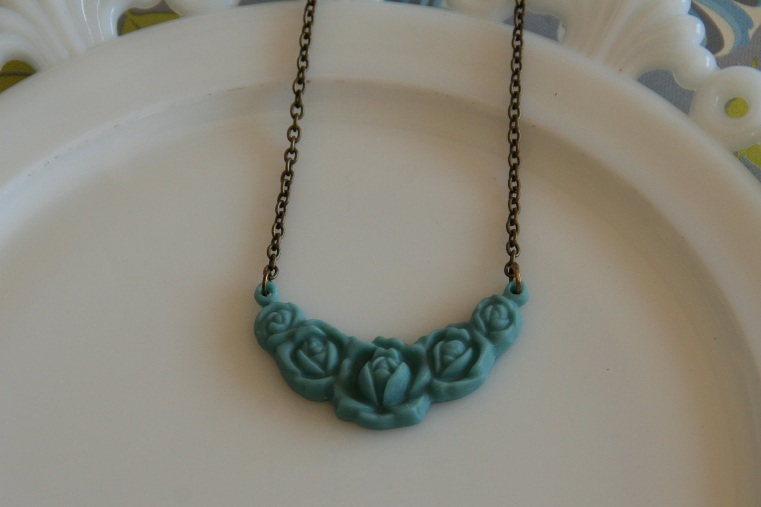 Soft Teal Vintage Rose Necklace -- Antique Gold