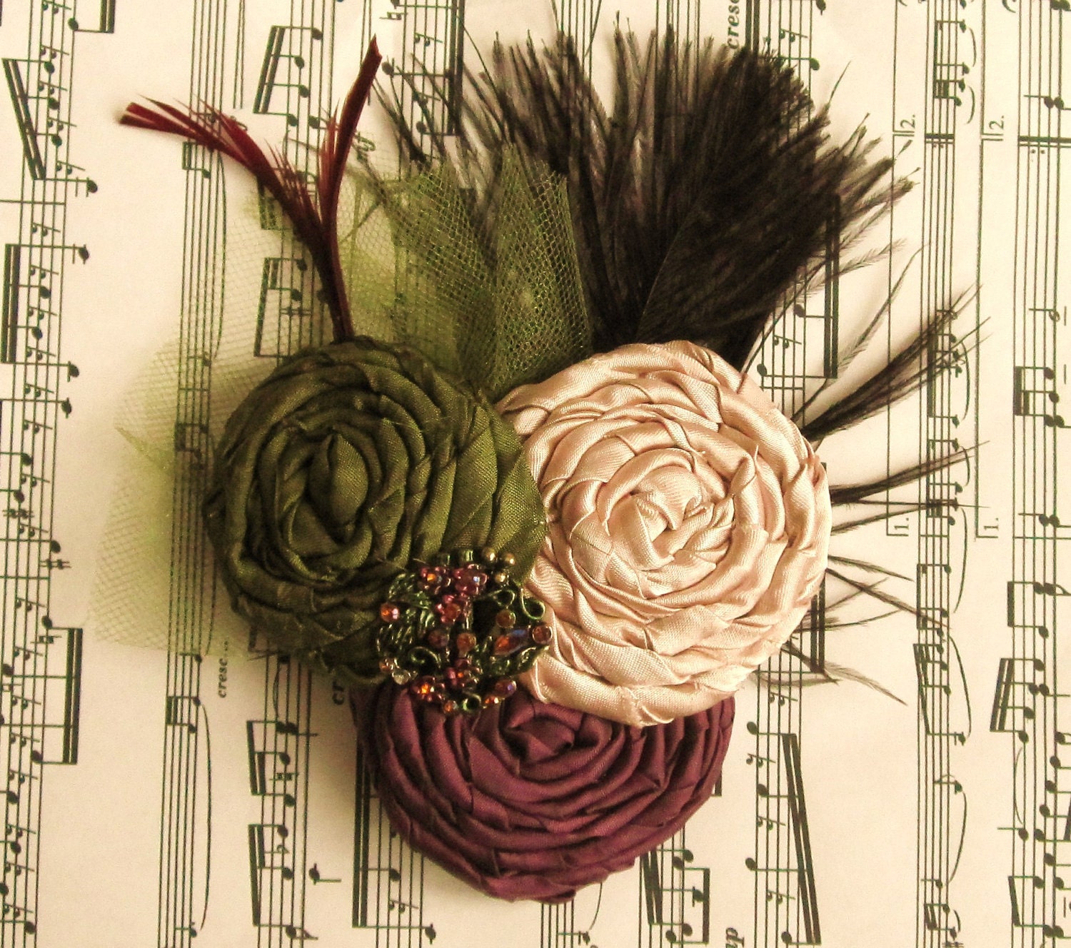 Eggplant Plum, Olive Green and Champagne Rosette Trio Hair Clip, Brooch Pin Corsage or Headband - Vintage inspired accessory