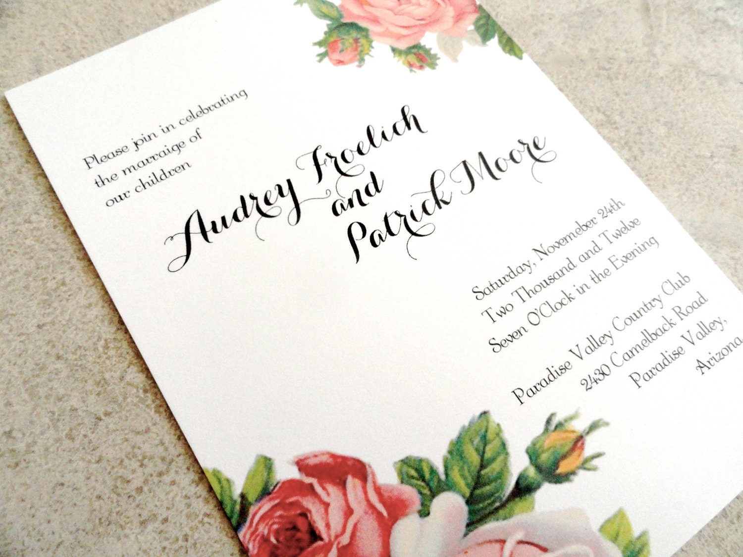 Vintage Wedding Invitations - ANTIQUE ROSE -  Rustic Floral Wedding Invitation
