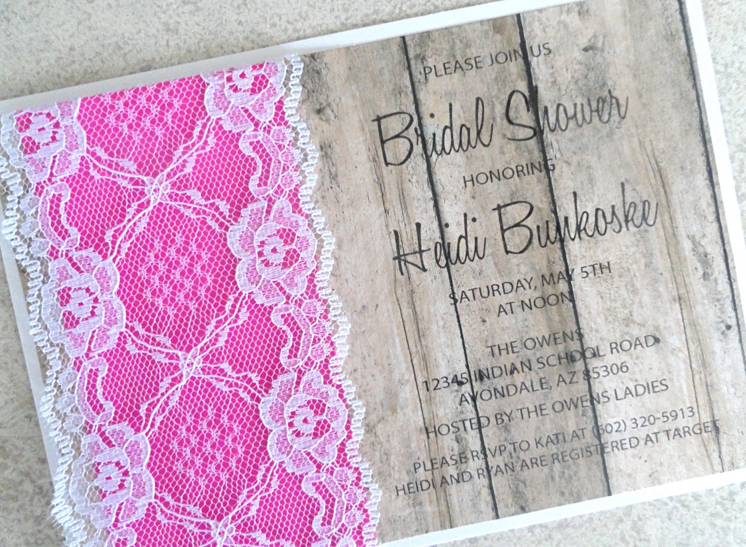 Rustic Lace Bridal Shower Invitation Magenta and Wood (FREE SHIPPING within the US)