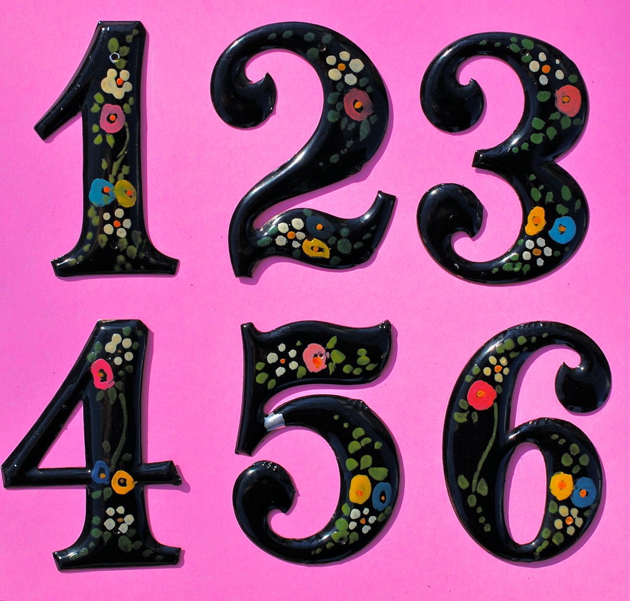 Vintage Metal House, Room, or Office Numbers, Hand Painted, Chose Your Number, 1-6 : Vintage Sign, Multi-colored Bright Flowers
