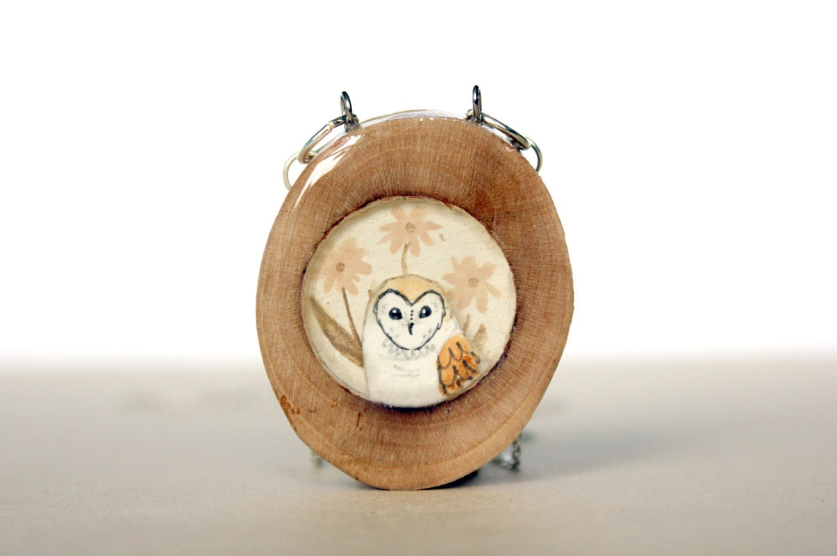 Pink White Daisy Barn Owl Necklace- Hand painted reclaimed wood owl necklace