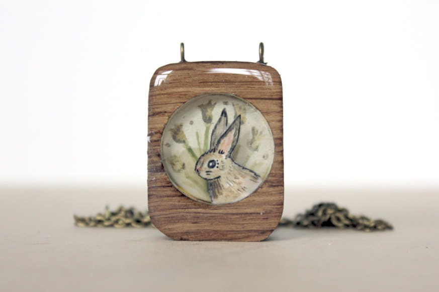 green bunny rabbit necklace- watership down inspired rabbit- hand painted wooden necklace black friday cyber monday sale