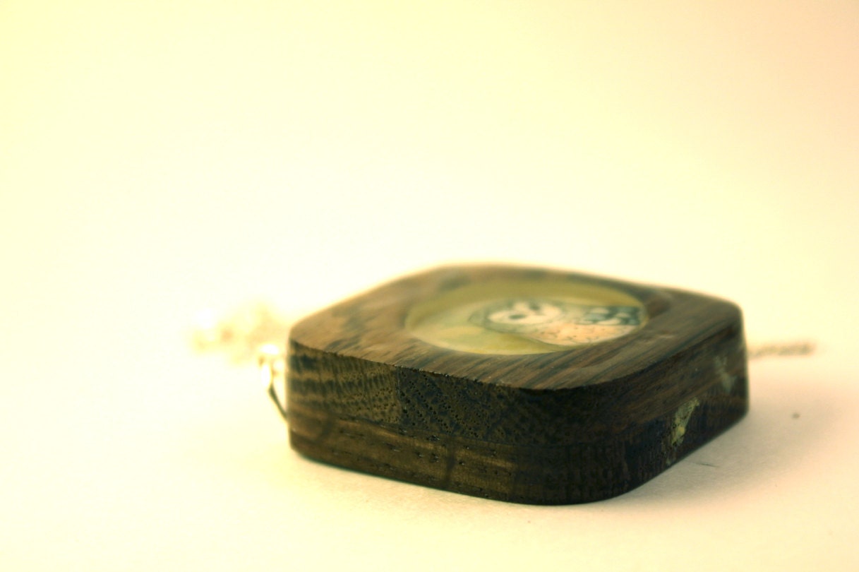 wooden owl necklace, hand painted pendant- spring jewelry - circle square geometric necklace- modern jewelry -winery wood
