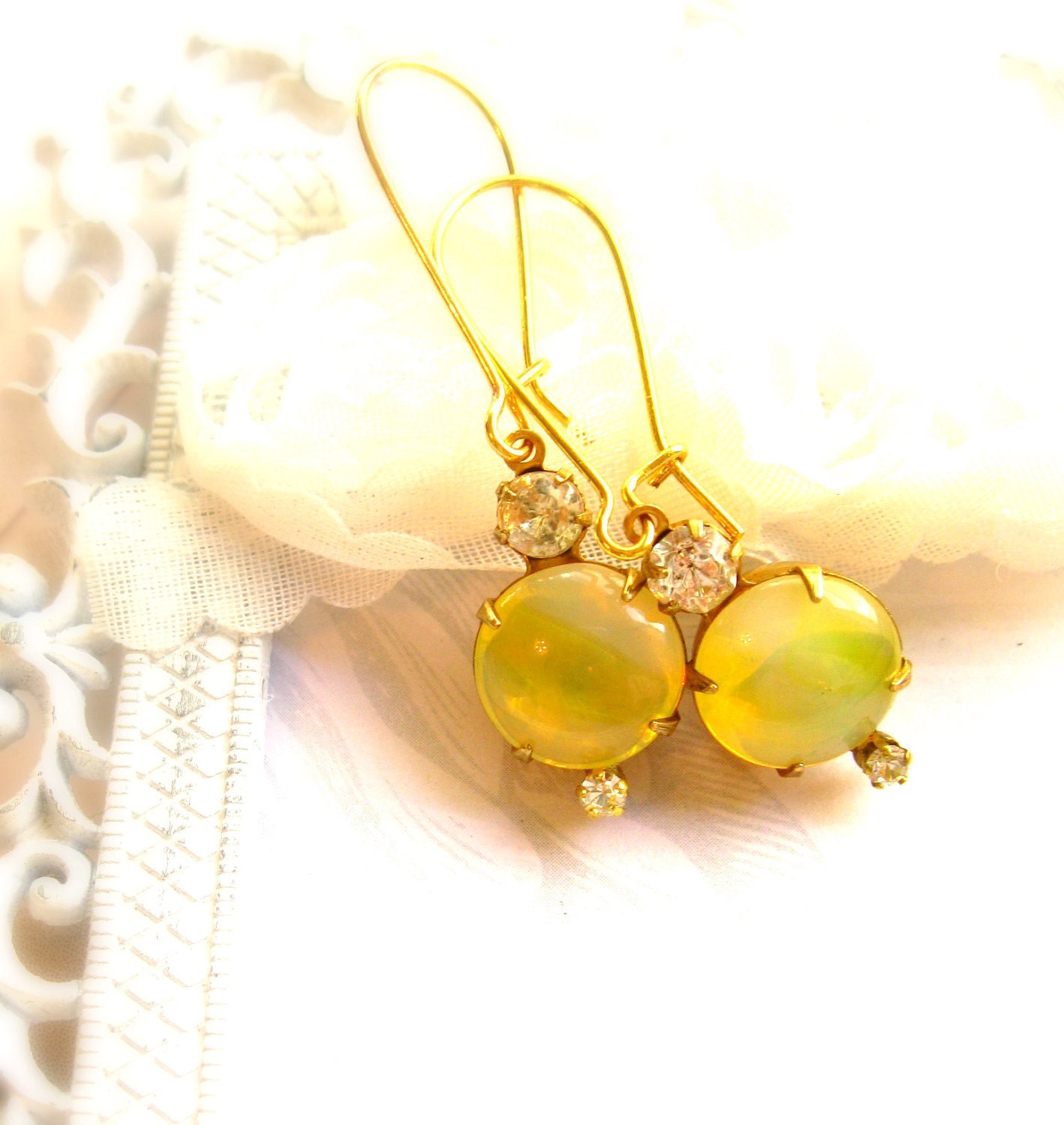 Earrings Dangle Earrings Handmade Jewelry vintage rhinestone earrings moon glow lemon yellow golden  rhinestone Handmade