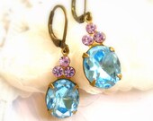 Earrings Dangle Earrings Handmade Jewelry vintage rhinestone dangle earrings Sea aqua blue & lilac lavender rhinestone gold Handmade
