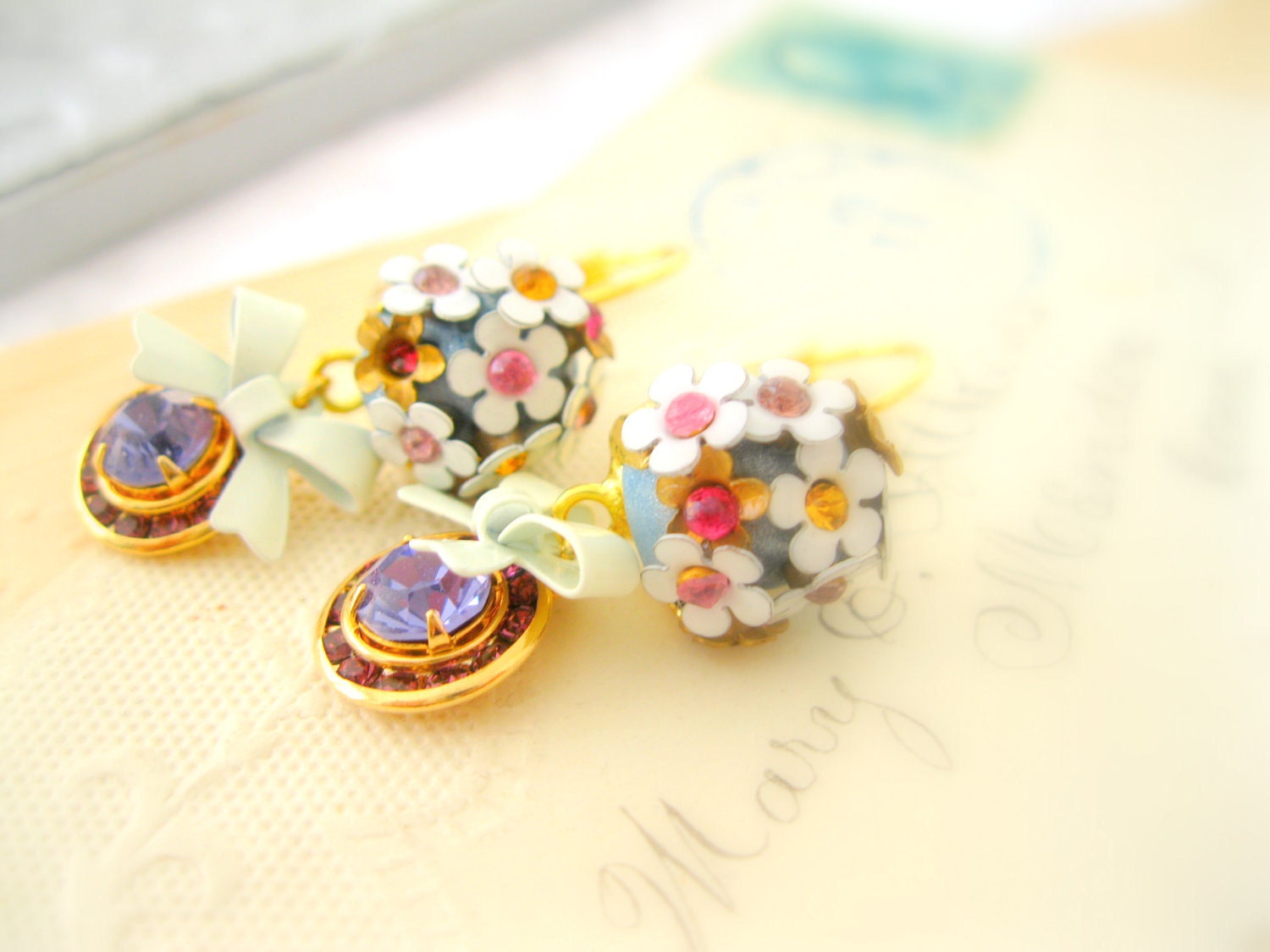Spring Dangle Flower Earrings Handmade Flower Jewelry Topiary TOP-EAR-ARY No. 1 Spring gold plated earrings Handmade Jewelry Bridal