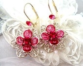 Handmade Earrings Vintage Earrings Dangle Earrings Pink Rose Fuschia Swarovski flower earrings handmade jewelry silver