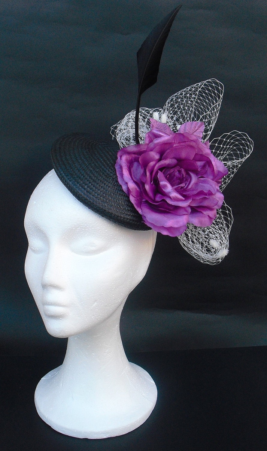 Black fascinator, black purple and ivory fascinator, with organza flower, ivory veil and hand curved goose diamond feather