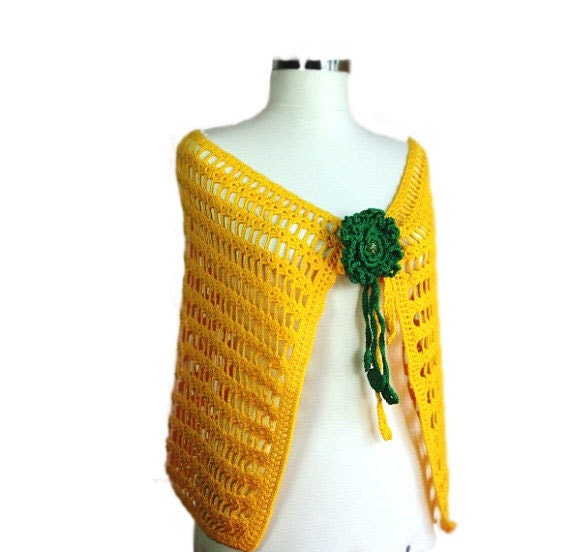Sunshine Yellow Scarf with Green Flower and Glass Bead Brooch - Beach Pareo - Women Accessories - Spring Summer Fashion