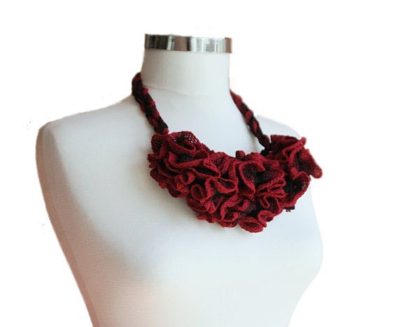 Knitted Bib Necklace in Red, Burgundy and Black - Red Ruffle Fashion - Women and Teens Accessories - Spring Summer