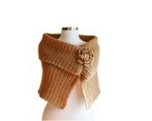 Capelet Scarf in Brown with Flower Brooch and Wooden Button - Women Accessories - Spring Fall Winter Fashion - Woods Rustic