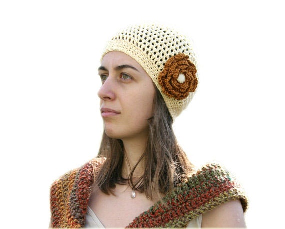 Crochet Hat in Yellow - Handmade Beanie with Brown Flower - Spring Summer Fall Fashion - Women and Teens Accessories