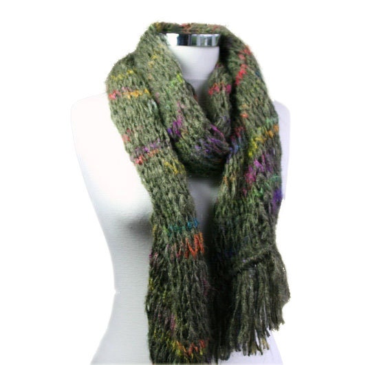 Knit Scarf with Fringes in Green and Multi Colors - Fall Winter Fashion - Women and Teens Accessories - Wrap