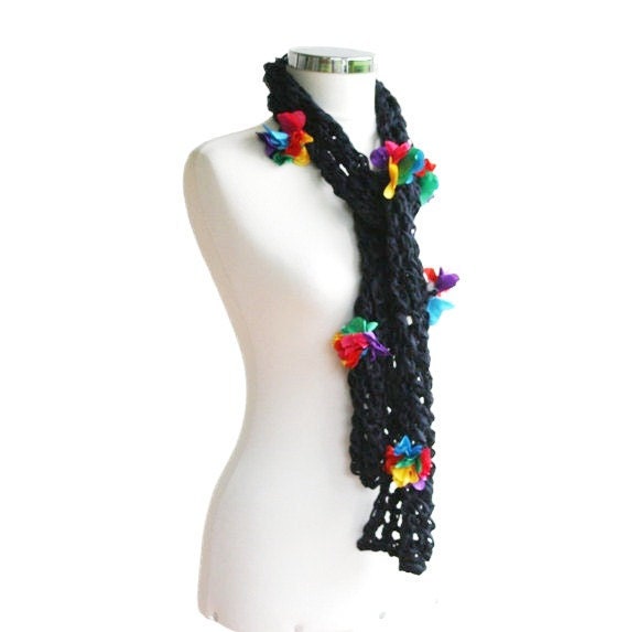 Navy Blue Scarf with Rainbow Colors Flowers - Cotton Spring Summer Fashion - Women Teens Accessories - Knit Multicolor Fashion