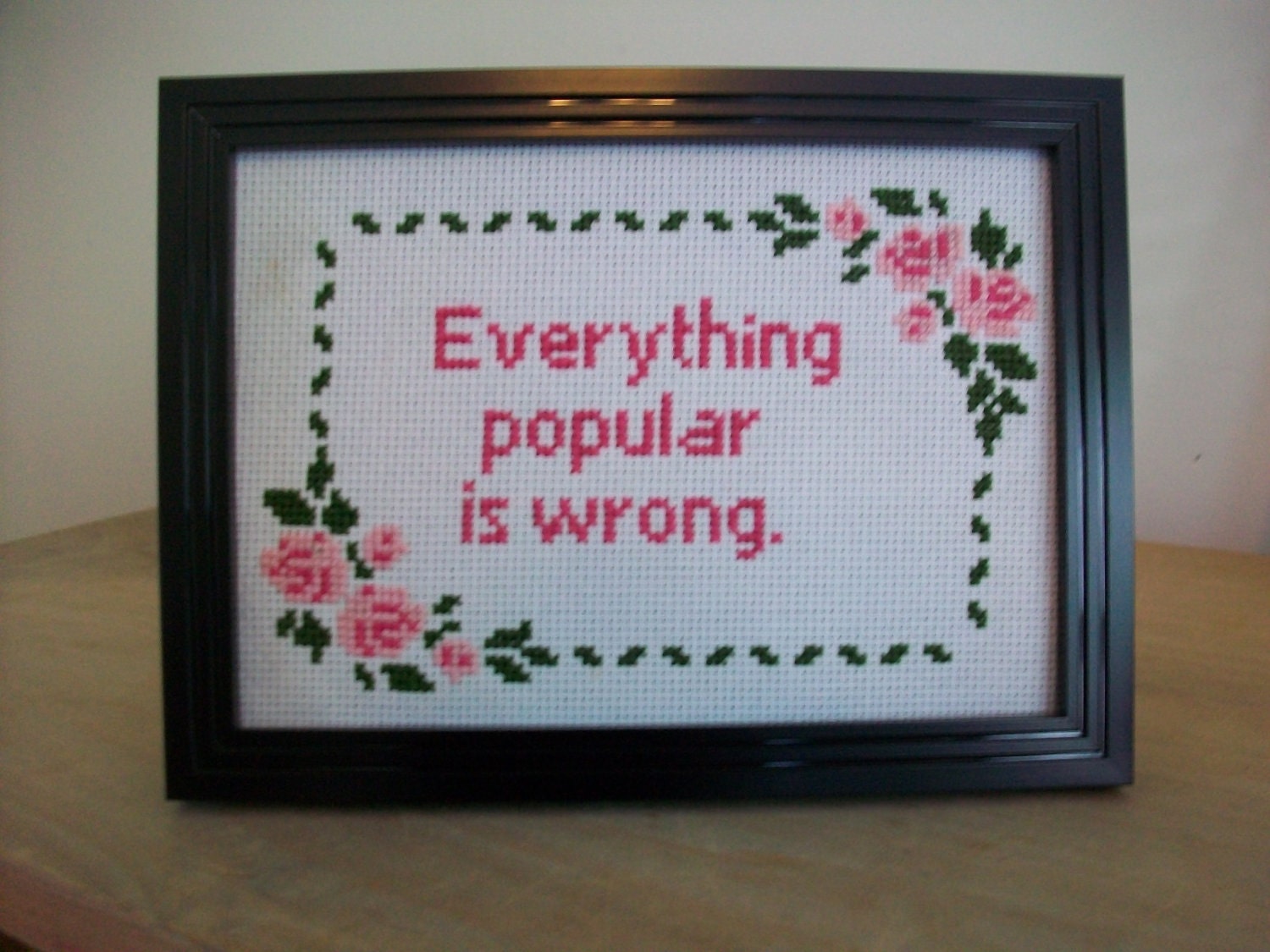 Completed FRAMED Cross Stitch - Oscar Wilde Everything Popular Is Wrong