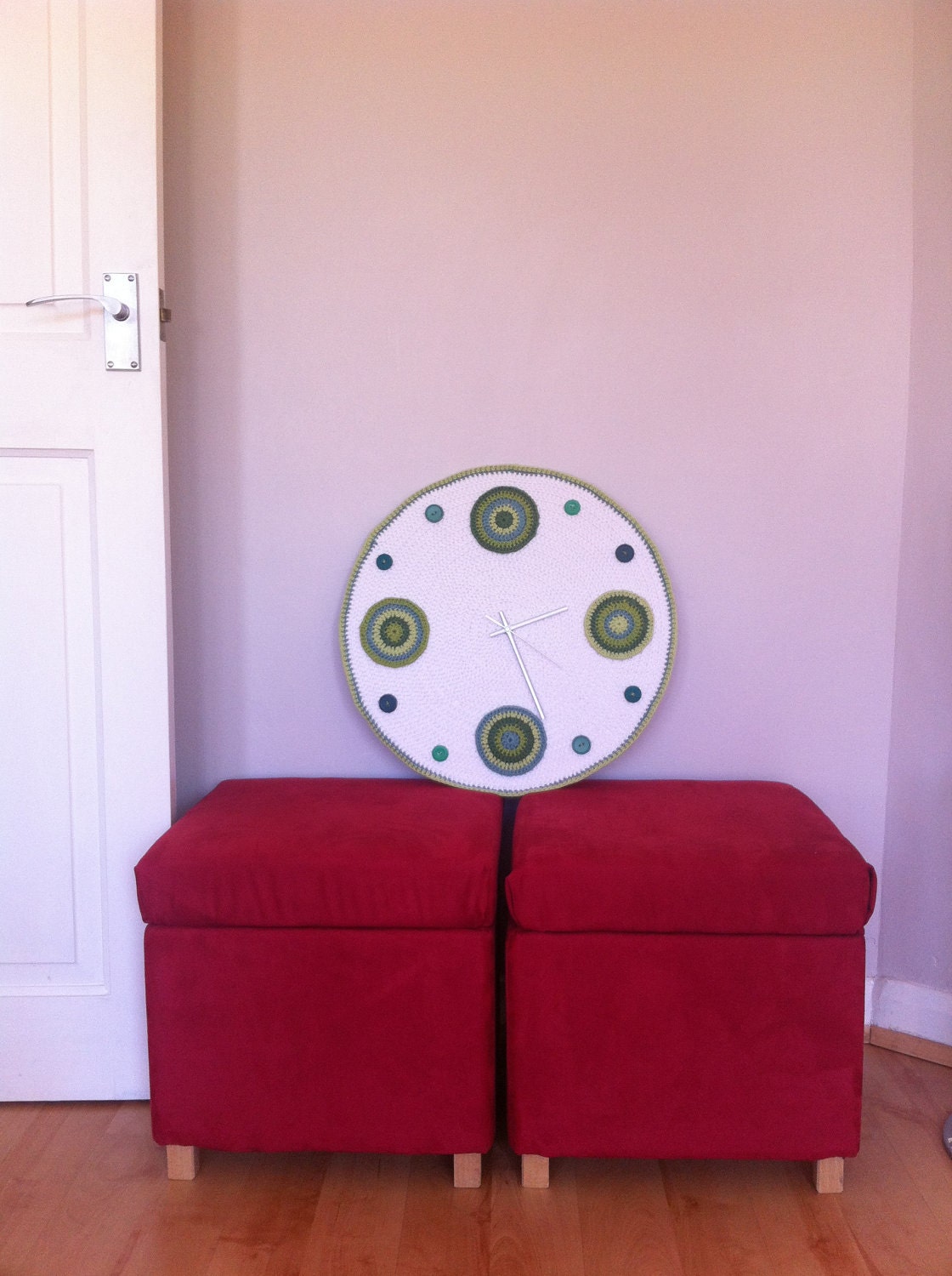 Large crochet wall clock in shades of green - 45cm diameter