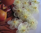 Yellow Organza Flower with  Gold Rhinestone Appliques for Hair Accessories, Sewing, Crafting, Doll Clothes - 12 pieces, 1 inch / 25 mm