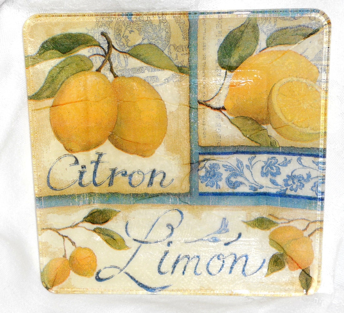 Lemon Yellow, "French Limon" Design, Blue & Yellow Small 6" Square Semi Transparent Dessert Glass Plate