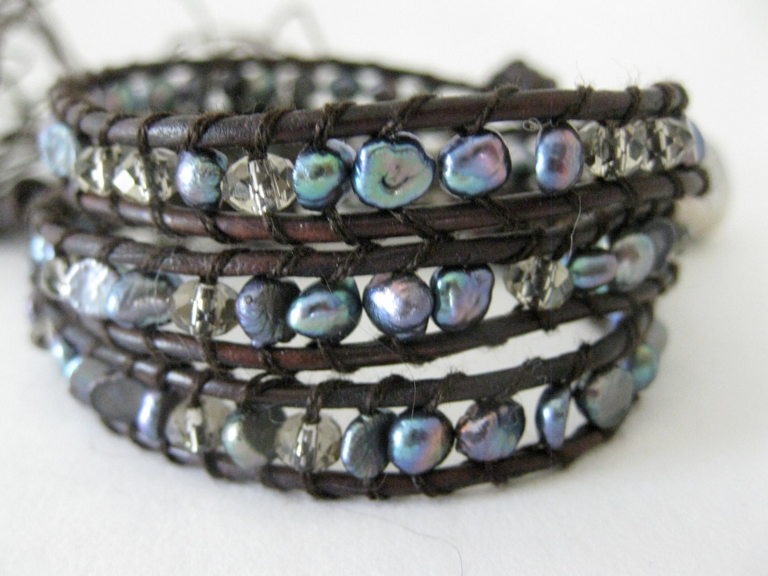 Pearl and leather wrap bracelet (3 wrap) deep purple blue freshwater pearls and crystals, dark brown leather peacock fresh water pearls