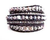Silver fresh water pearls and black diamond crystal leather wrap bracelet.  Five wrap leather bracelet pearl and czech glass