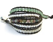 Beaded leather wrap bracelet, dark brown leather, white fresh water pearls, green aventurine, faceted agate beads, 5 wrap leather bracelet