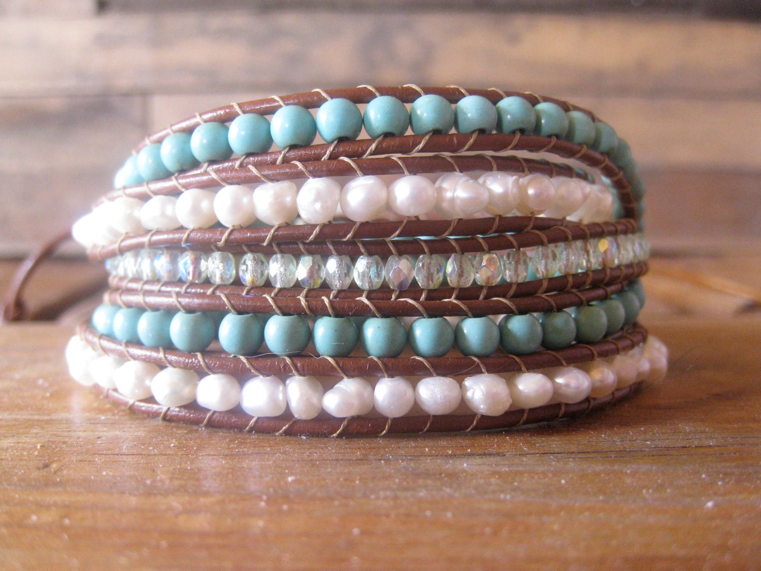 Leather wrap bracelet turquoise, fresh water pearl, av crystals, saddle leather.  Chan luu style bracelet, 6 wrap beaded leather bracelet