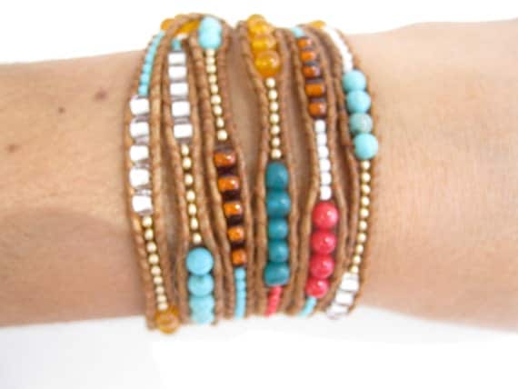 Leather wrap bracelet (6 wrap) - Turquoise, white, red coral, oranges, teal, matte gold, funky super long leather wrap bracelet, tan leather