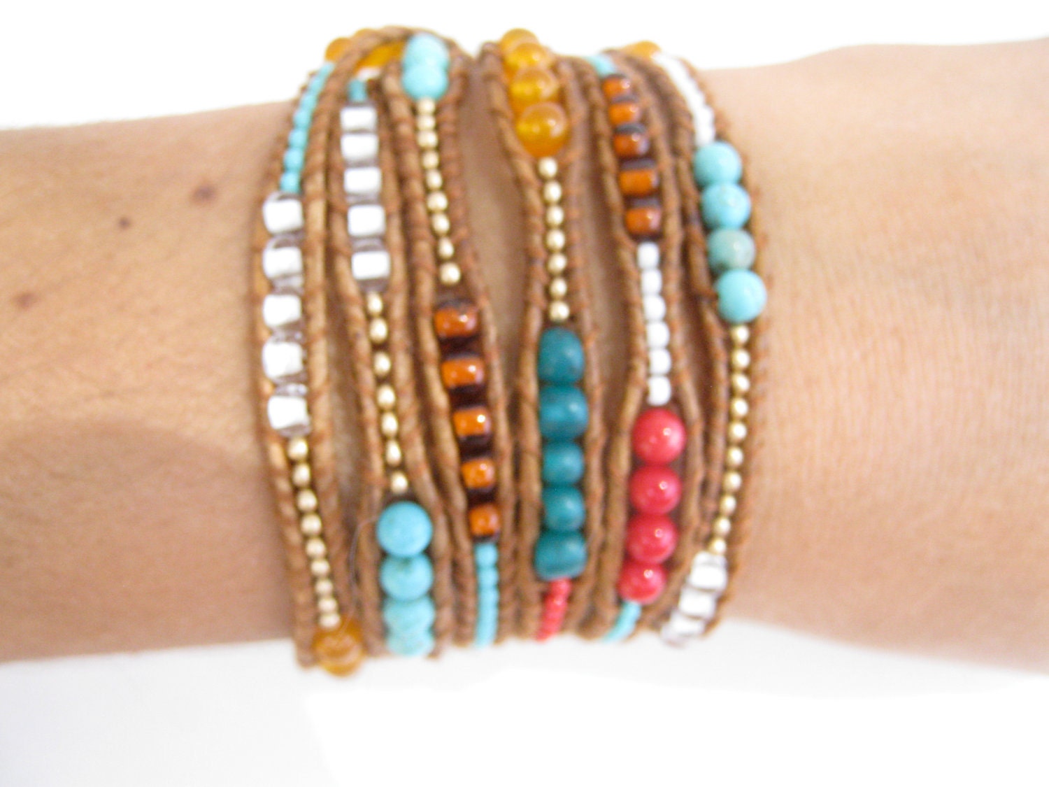 Leather wrap bracelet (6 wrap) - Turquoise, white, red coral, oranges, teal, matte gold, funky super long leather wrap bracelet, tan leather