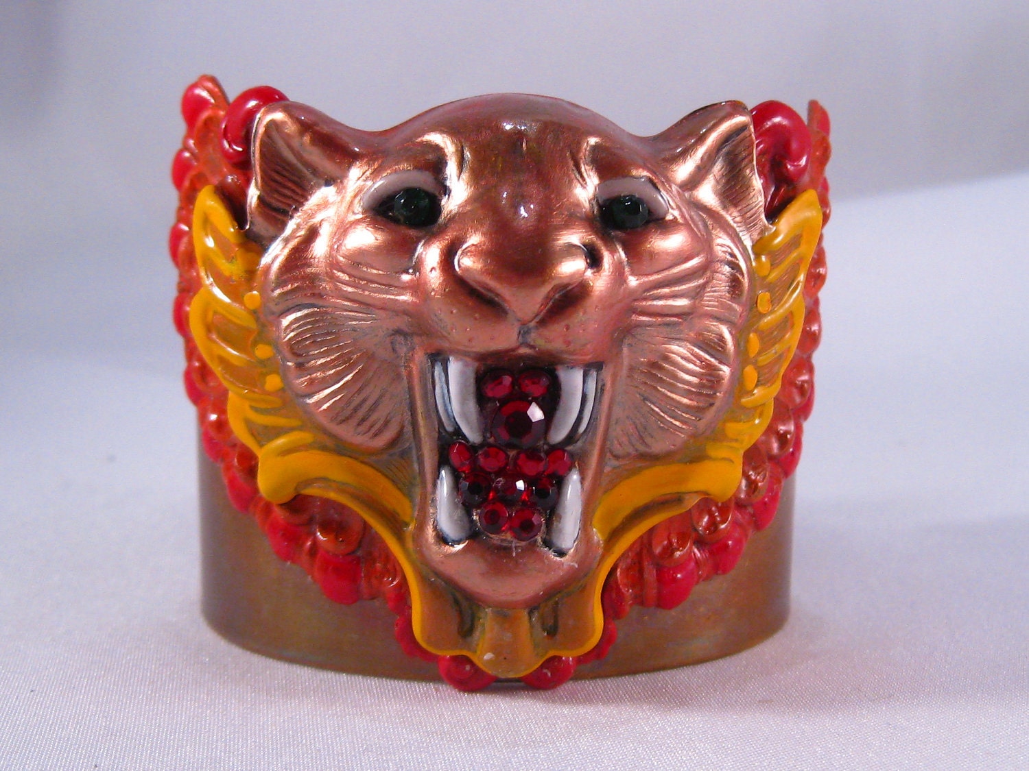 Brass Jewelry Cuff Hand Enameled Tiger's Head with Rhinestones