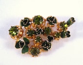Vintage Rhinestone Brooch Made in Austria Peridot Green Enameled Green Floral