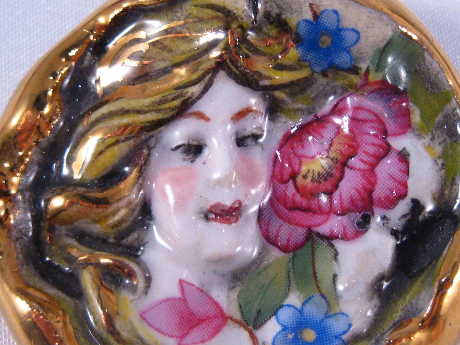 Vintage "Pamela" Woman's Face Brooch Clay & 24K Gold Trim