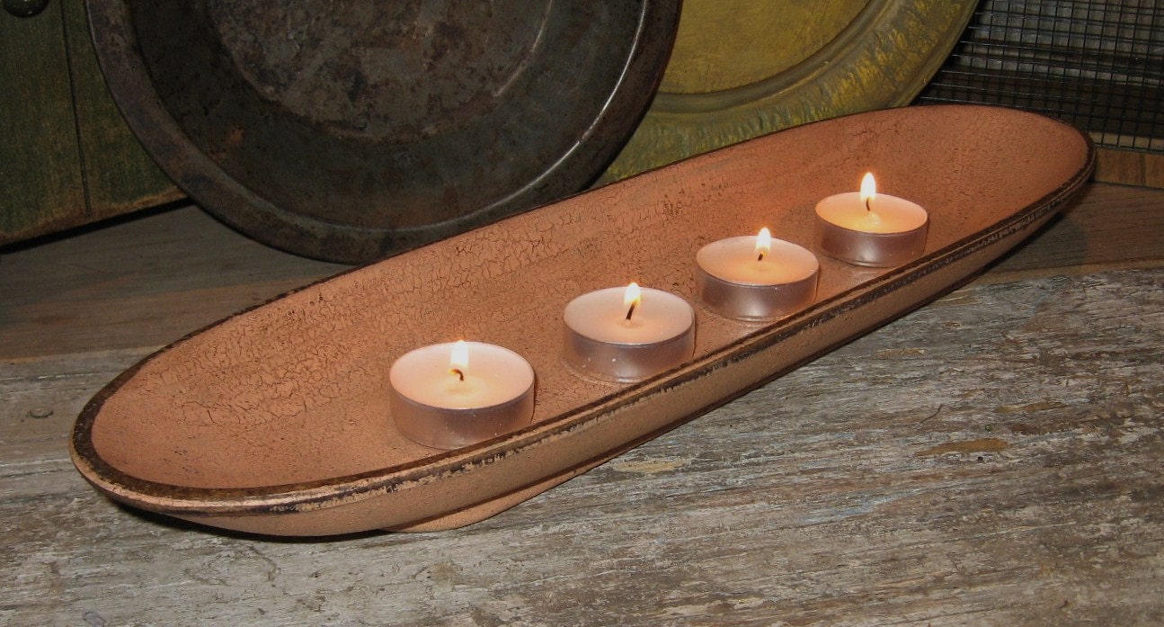 Antique PEACH Wooden BOWL/Tray-For Candles-Fruit-Bread-Centerpiece-Tea Light Candles Included