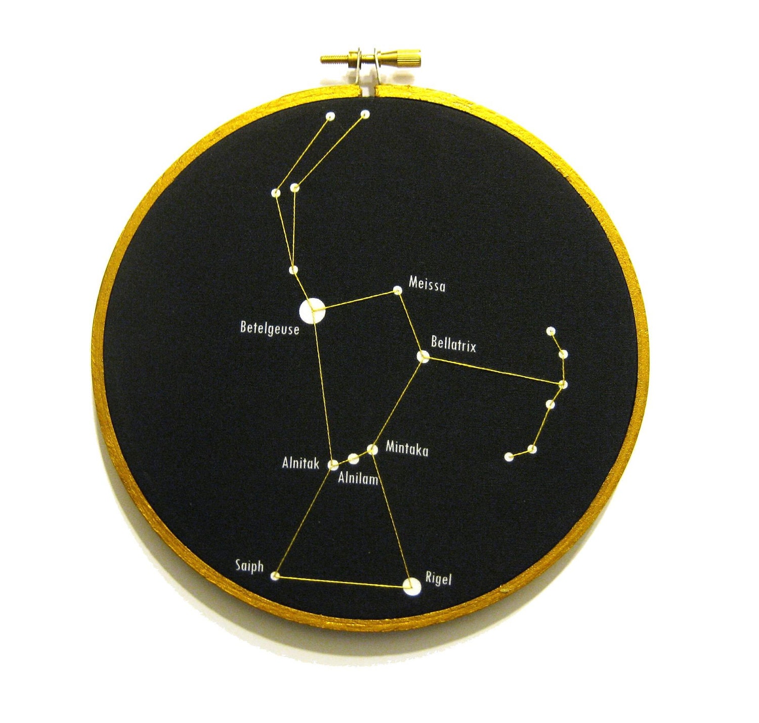 Orion constellation star chart in embroidery hoop