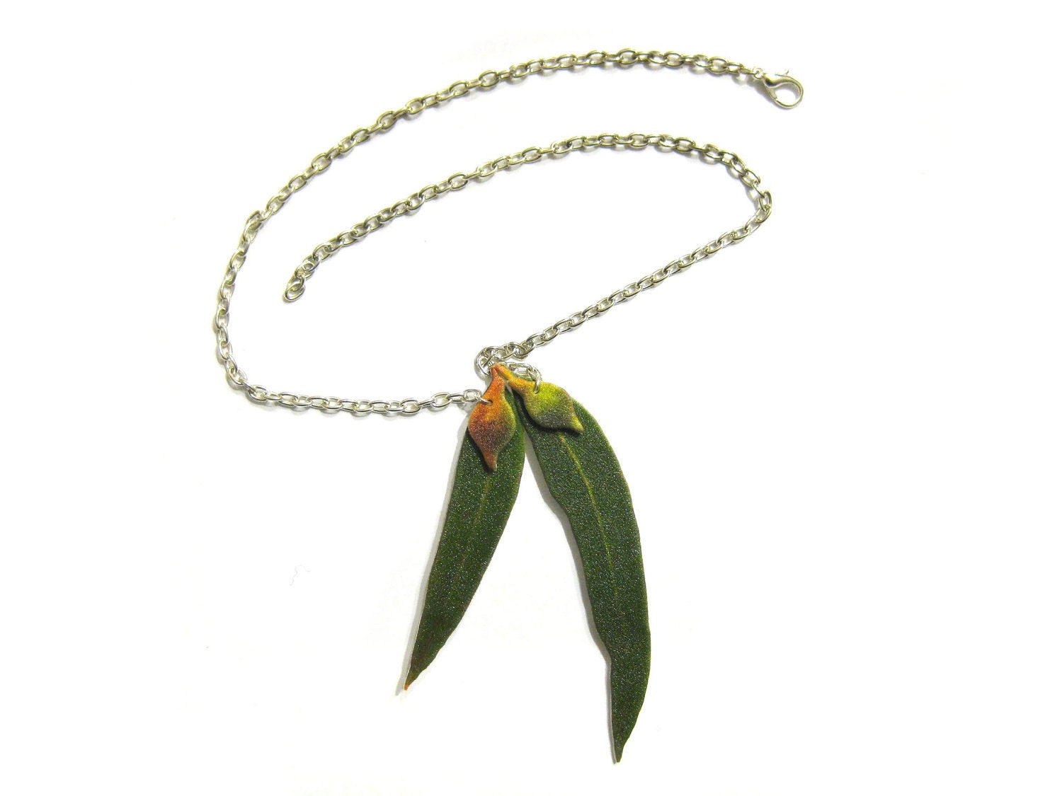 Gum leaf and gum nut shrink plastic necklace: Australian native jewellery