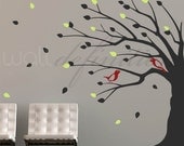Wall Tree Stickers Children Wall Decals - Weeping Tree Decal with Blowing Leaves and Birds