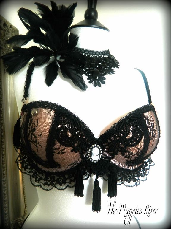 Rich Dusky Pink & Black Lace Bra - Vintage, Steampunk, Dance, Burlesque, Fusion Belly Dance