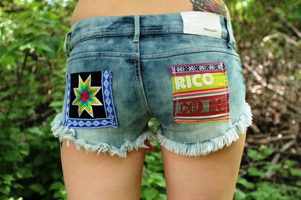 Ethnic Print Patches Fringe Gypsy Denim Festival Shorts