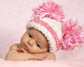 READY Baby Girl Hat - Baby Hat  Soft White & Pink with Big Pom Pom's 0-3 and 3-6