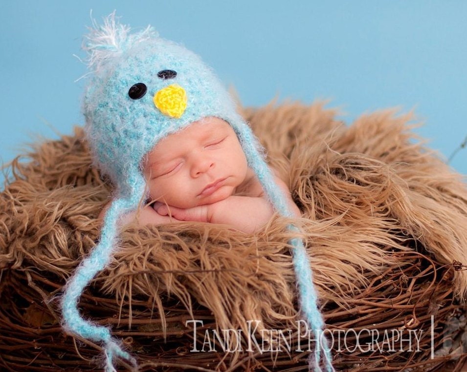 Little Blue Bird Baby Hat  with Earflaps and Ties- Soooo Soft - Great Texture